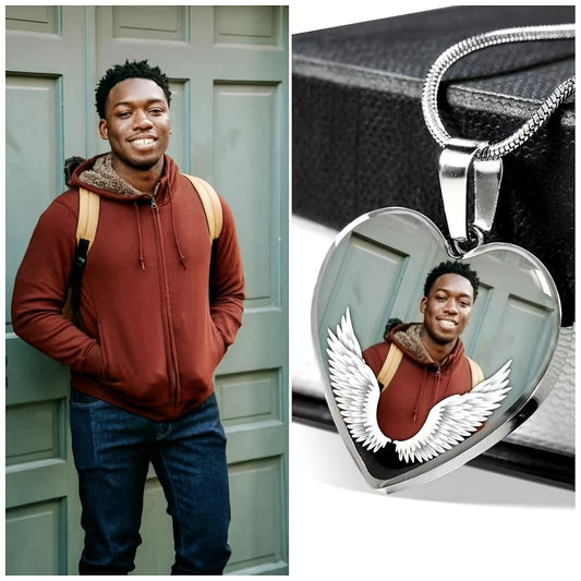 Personalized memorial pendant – Angel Guardian Remembrance, featuring a heart pendant with angel wings.