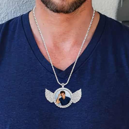 Customizable angel necklace featuring a photo pendant worn by a man, showcasing the angel-shaped design with sparkling elements.