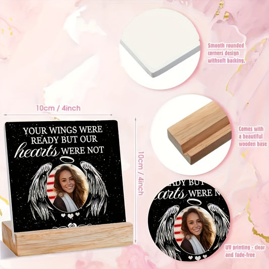 Personalized acrylic photo frame displaying a custom photo with wings design, ideal for home decor and gifts.