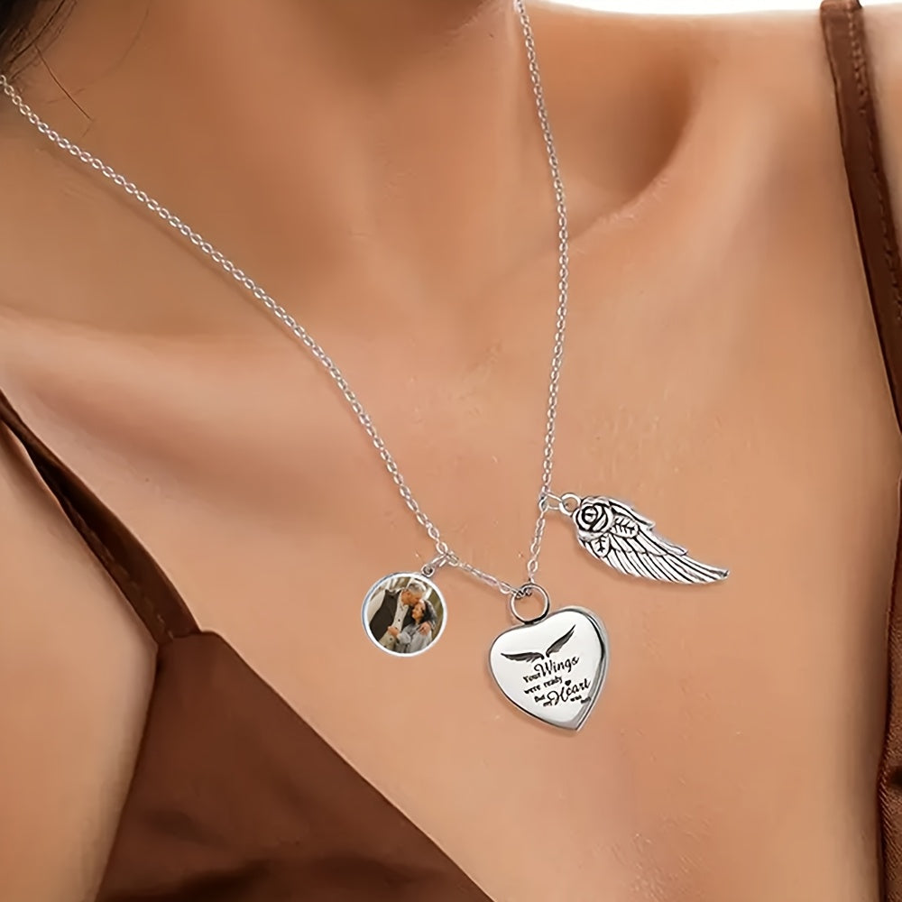 Customizable memorial pendant necklace with photo charm and wing detail, perfect for honoring loved ones.