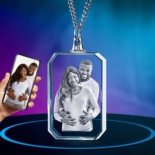 Personalized heart-shaped photo necklace featuring a couple's photo displayed in a stylish pendant.