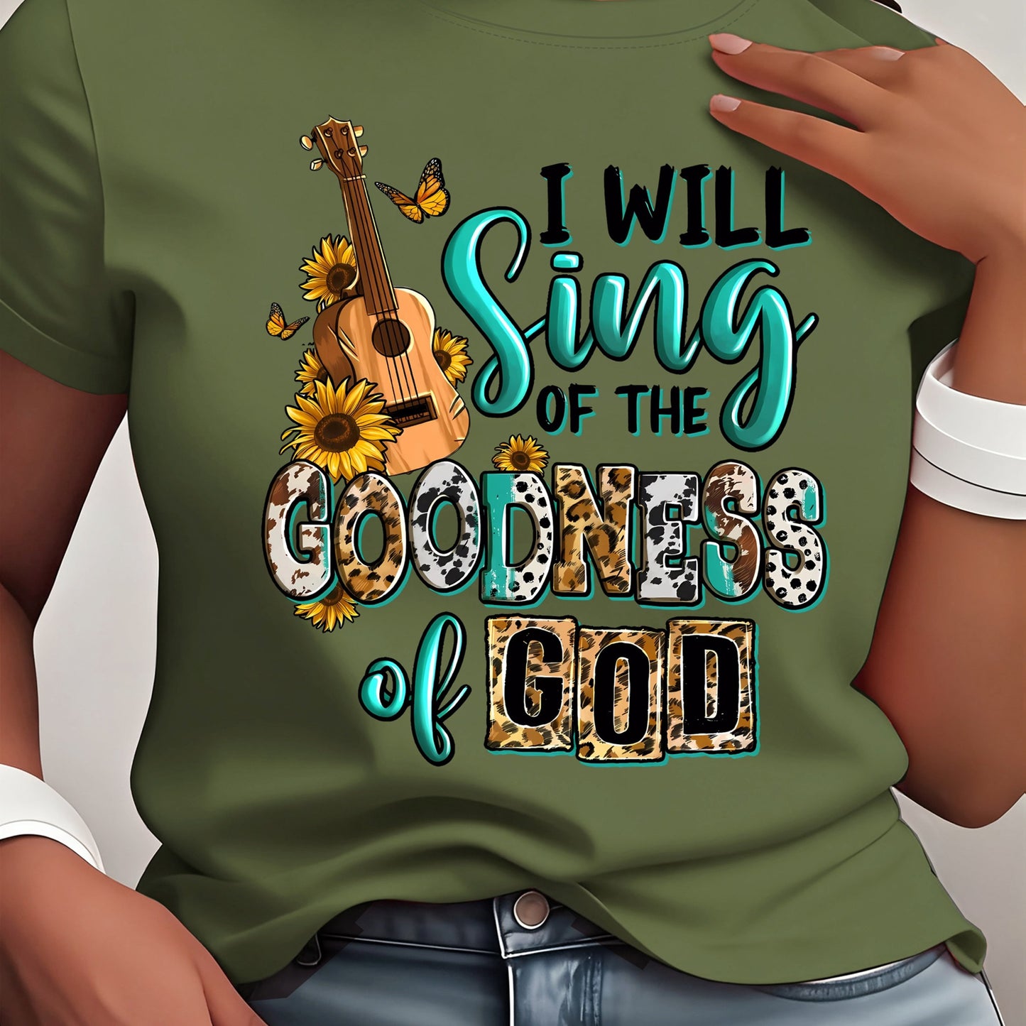 Goodness of God t-shirt featuring a guitar and sunflowers, perfect for expressing Christian faith and style.