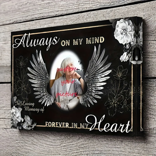Custom Wooden Frame Canvas Painting – Personalized wall art tribute with wings and floral accents.