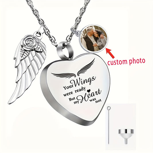 Customizable memorial pendant necklace featuring a heart-shaped design, wings, and a custom photo option.