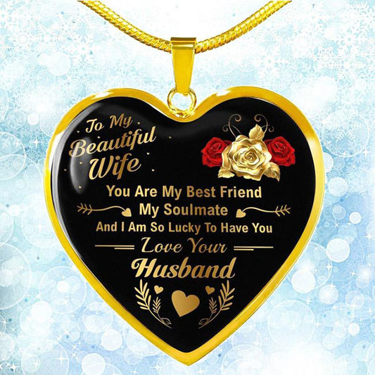 Husband love pendant, heart-shaped necklace with personalized message for wife, golden design, elegant keepsake.