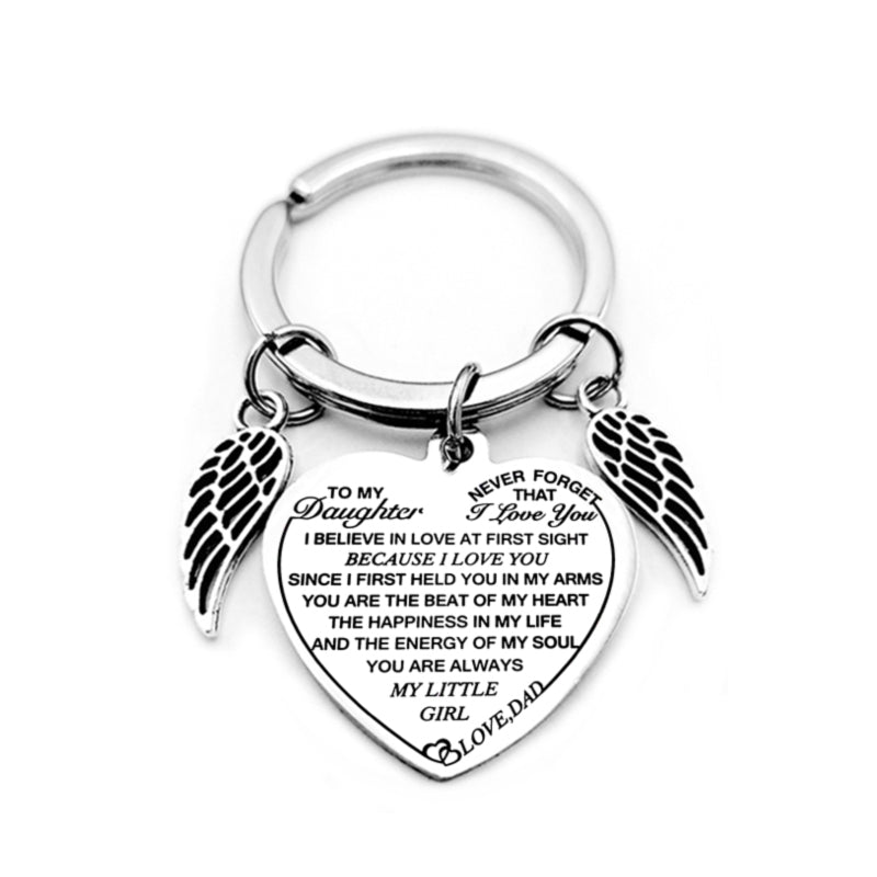 Dad / Mom To My Daughter Heart Pendant Keychain Angel Wings Inspirational Letter Key Chain