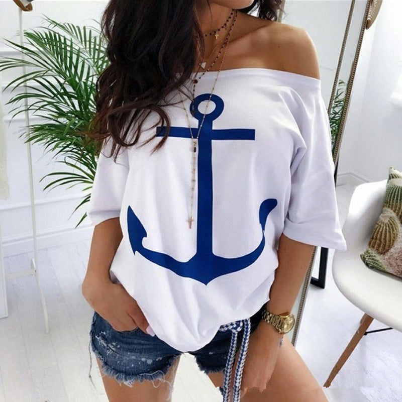 Women's Off-Shoulder Anchor Image Shirt