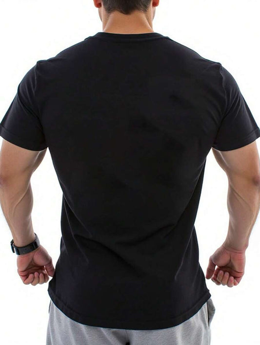 Back view of men's breathable sports t-shirt, showcasing its lightweight design and relaxed fit for workouts.