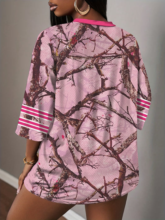 Western women's summer V-neck T-shirt featuring a stylish pink and brown branch pattern on a casual tee.