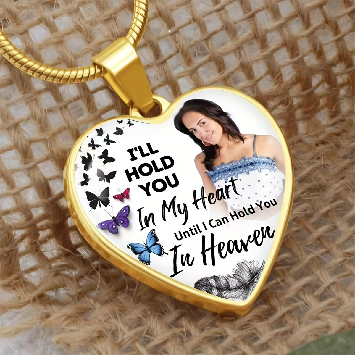 Personalized memorial pendant necklace featuring a heartfelt design with butterflies and a message about love and remembrance.