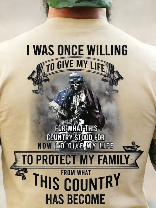 250th anniversary men's t-shirt featuring patriotic graphic and quote about protecting family and country.