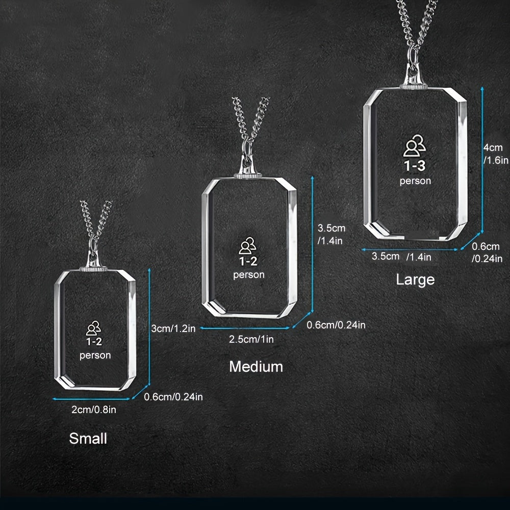 Personalized heart-shaped photo necklace size guide showing small, medium, and large options with dimensions.