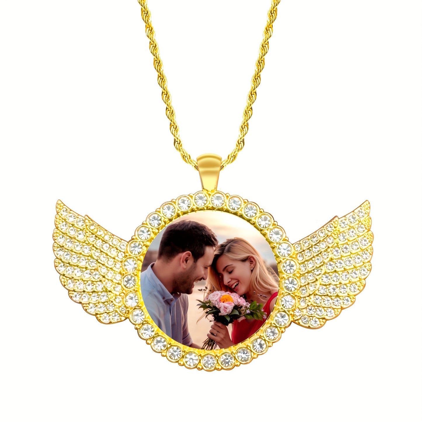 Personalized angel wings photo pendant featuring a custom photo of a couple surrounded by sparkling wings.