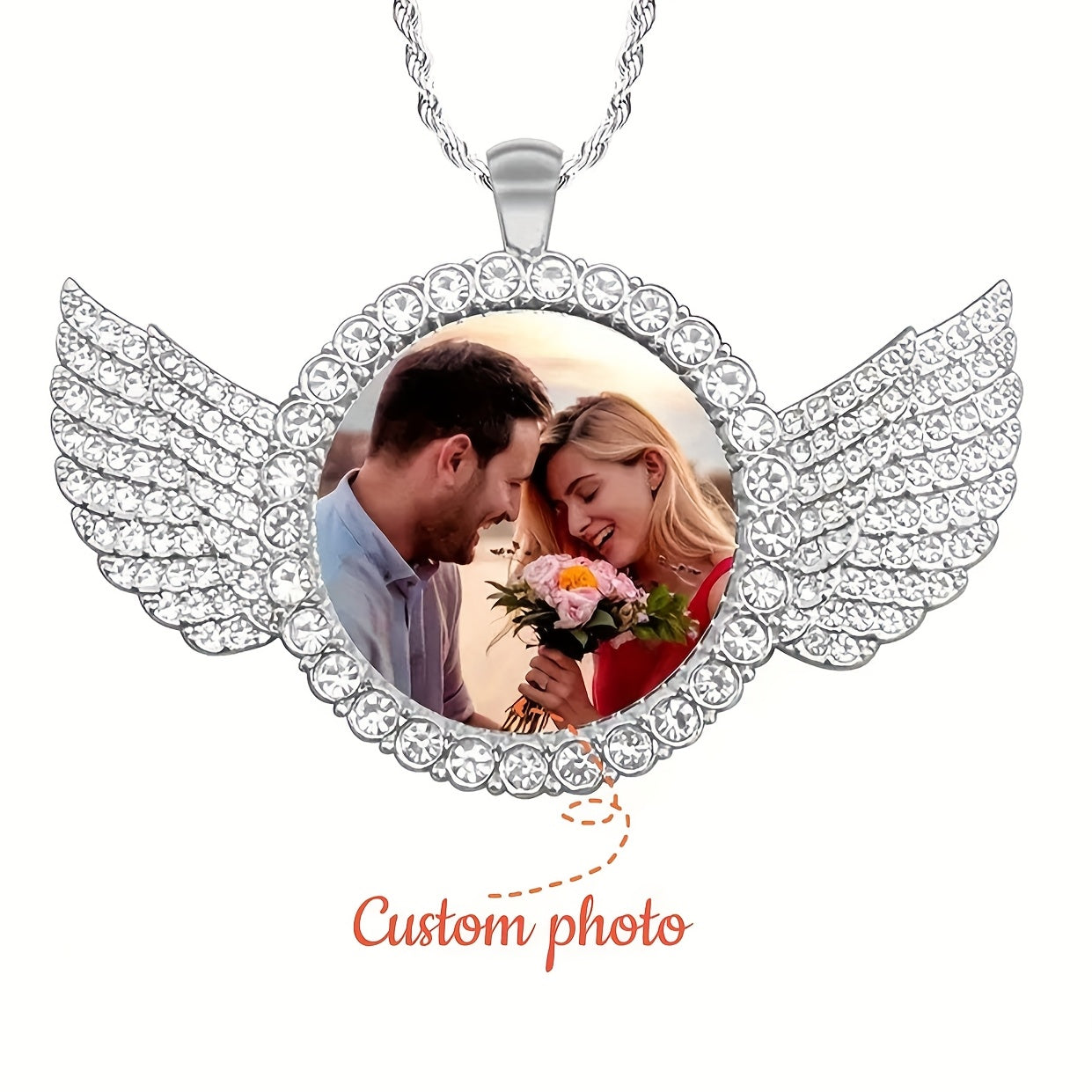 Customizable angel necklace with photo pendant featuring a couple happily holding flowers.