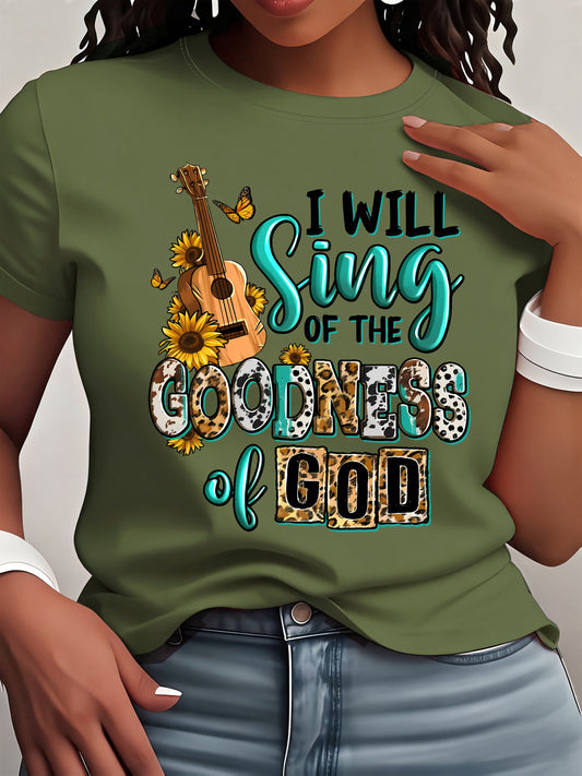 Goodness of God t-shirt featuring inspirational design with guitar and flowers, perfect for expressing faith.