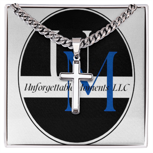 artisan cross necklace with Cuban link chain
