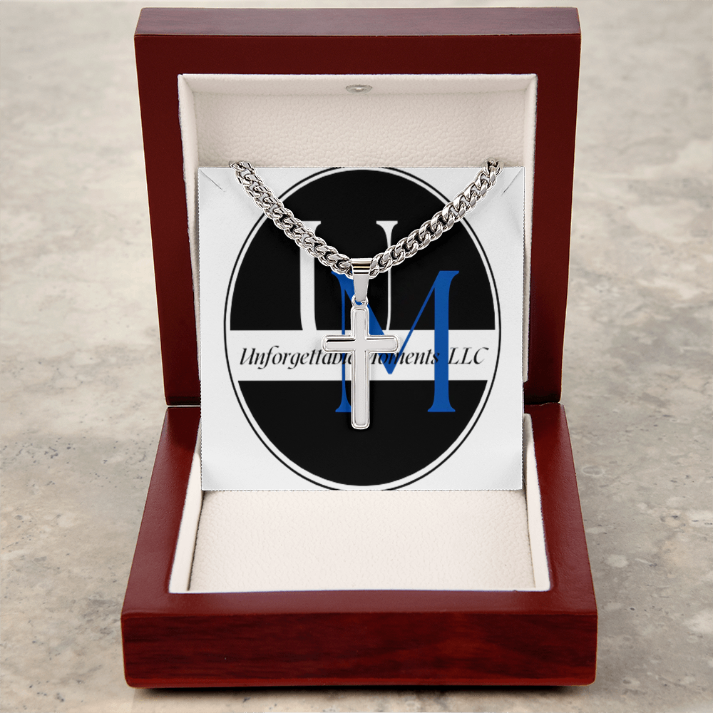 artisan cross necklace with Cuban link chain