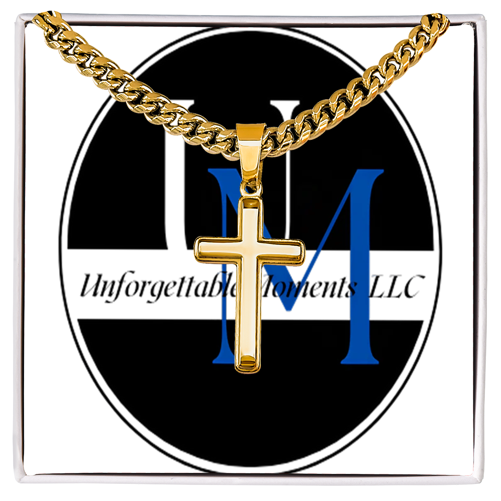 artisan cross necklace with Cuban link chain