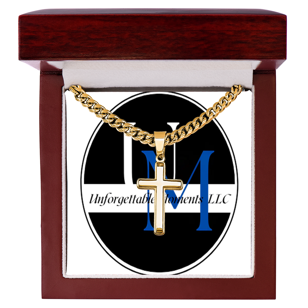 artisan cross necklace with Cuban link chain