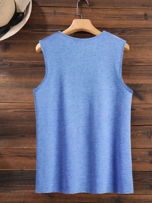 Back view of a womens casual v-neck graphic tank top in blue, showcasing its lightweight design perfect for summer fashion.