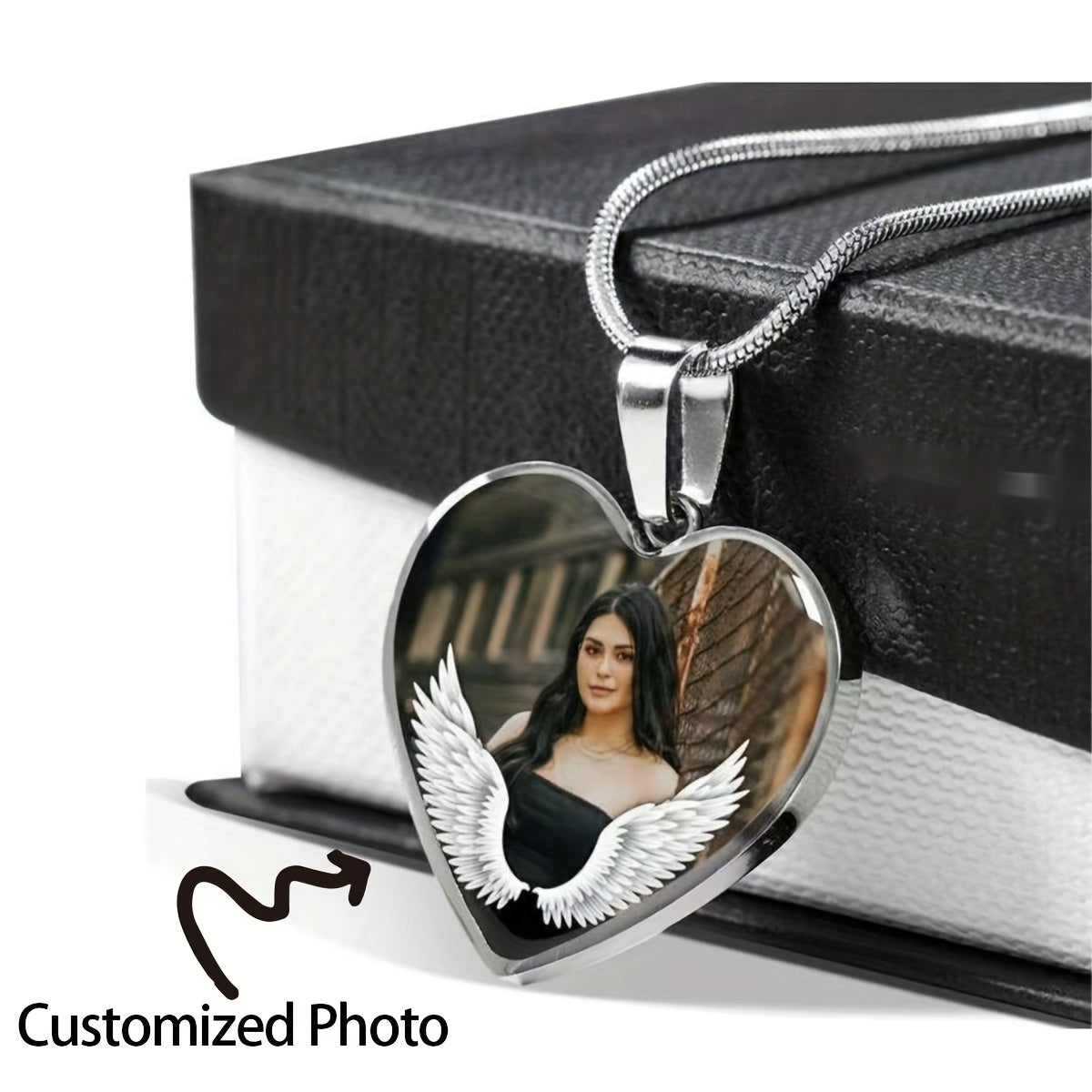 Personalized memorial pendant with angel guardian design and customized photo, perfect for remembrance.