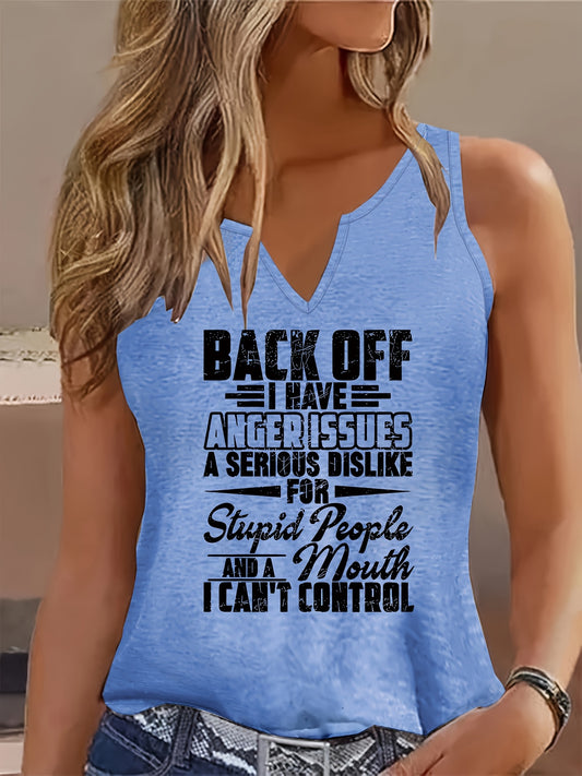 Womens casual v-neck graphic tank top with humorous text design, perfect for summer casual wear.