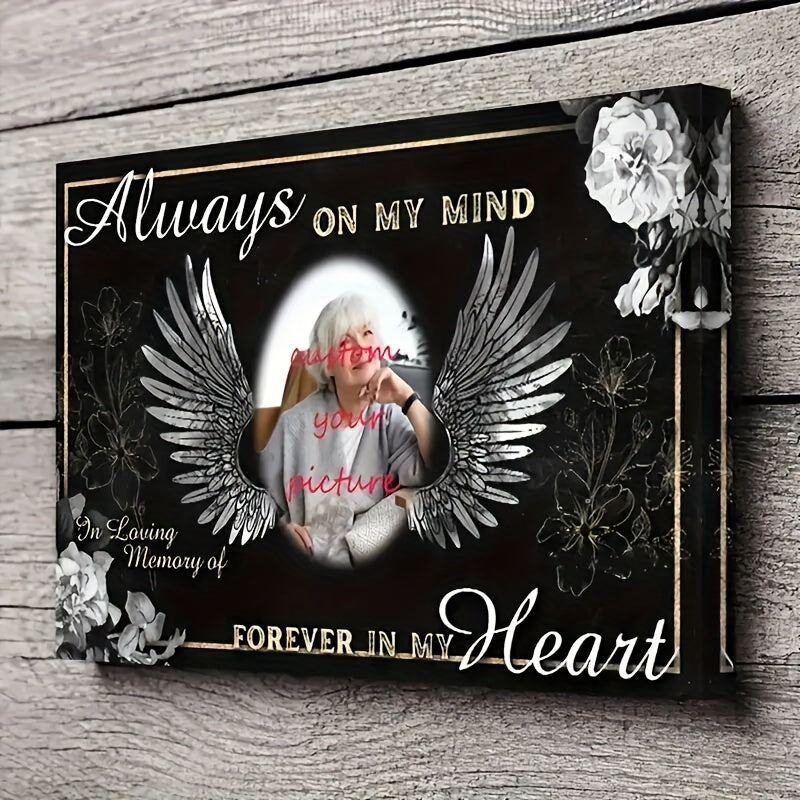 Custom Wooden Frame Canvas Painting – Personalized wall art tribute with wings and floral accents.