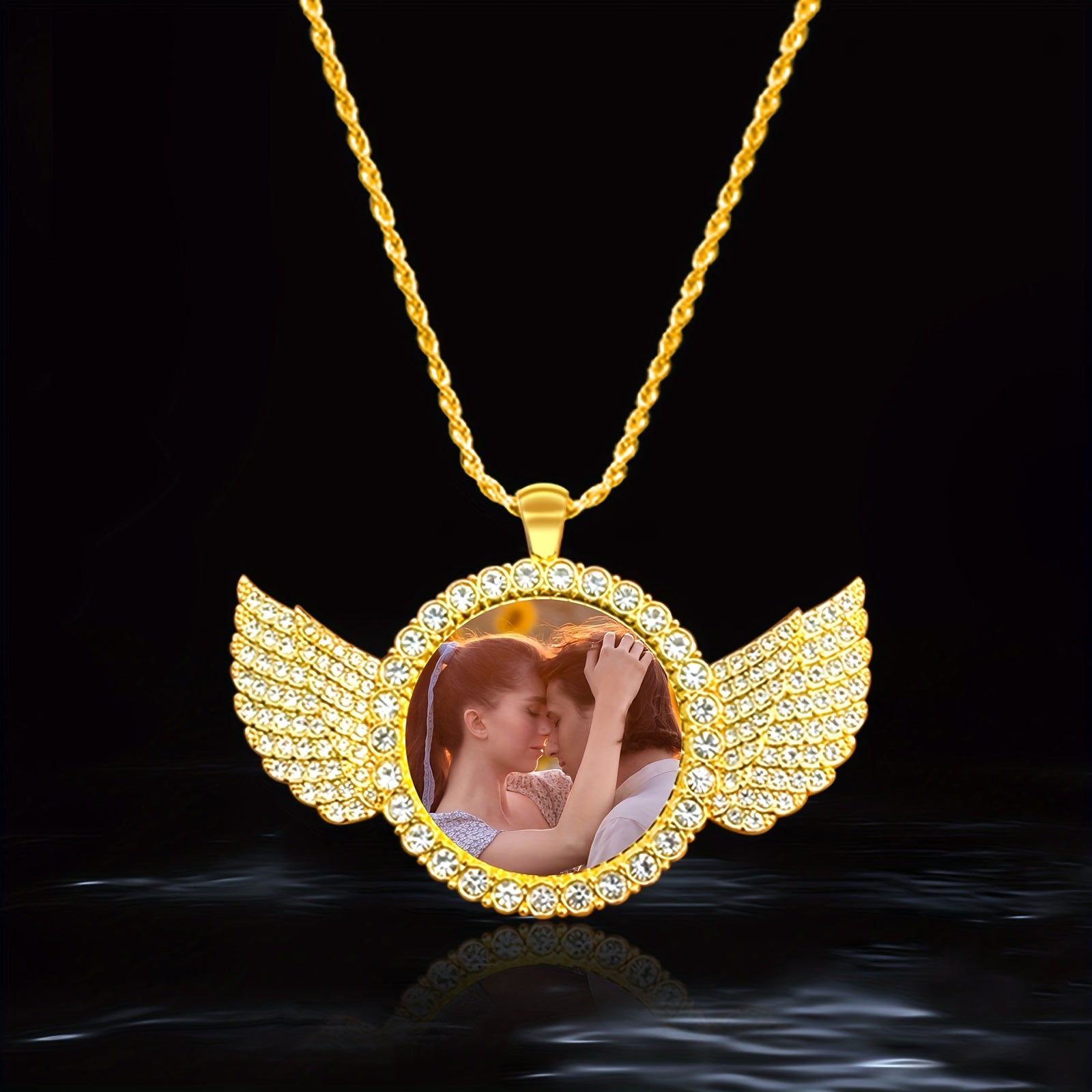 Personalized angel wings photo pendant with custom photo, symbolizing love and remembrance in elegant jewelry design.