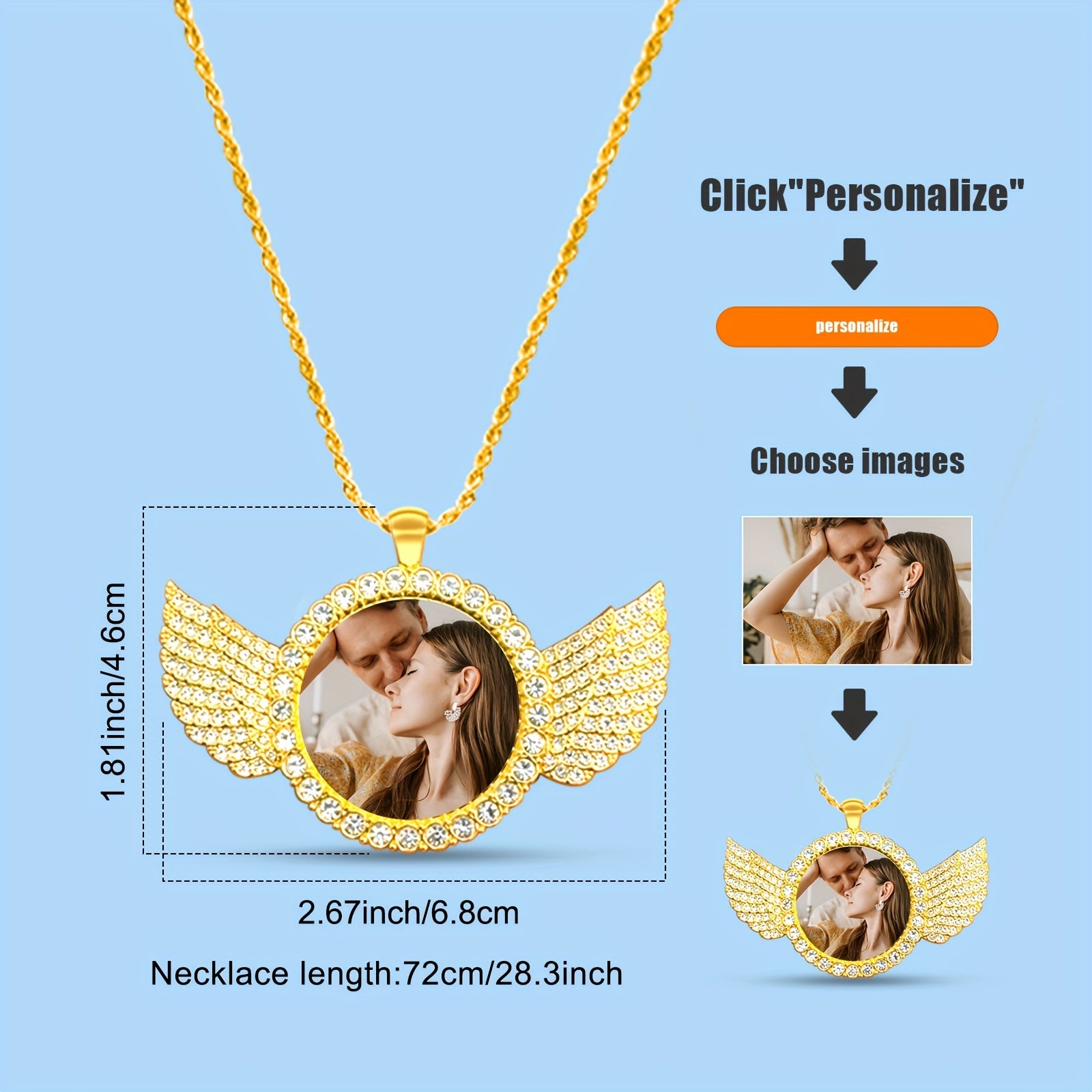 Personalized angel wings photo pendant with custom photo option and elegant design, perfect for memorials.