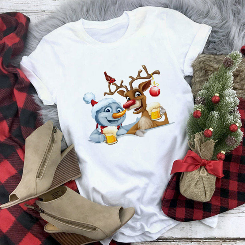Christmas Lady Short-sleeved T-shirt Cartoon Santa Claus Print Street Casual T-shirt