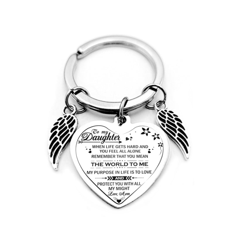 Dad / Mom To My Daughter Heart Pendant Keychain Angel Wings Inspirational Letter Key Chain