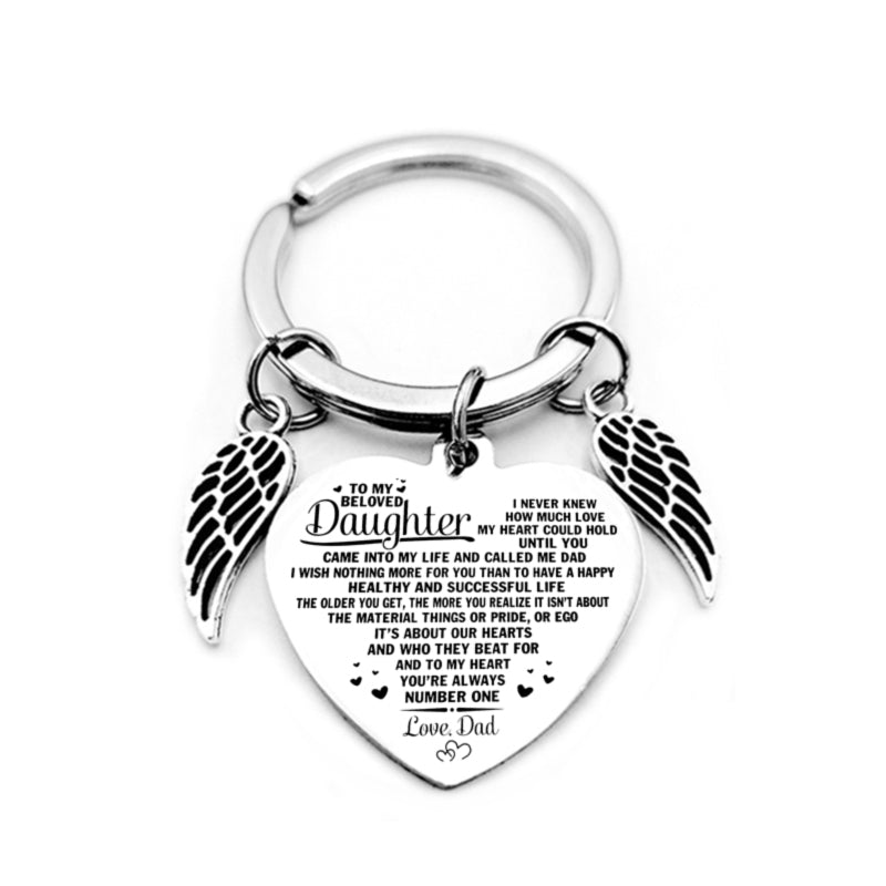 Dad / Mom To My Daughter Heart Pendant Keychain Angel Wings Inspirational Letter Key Chain