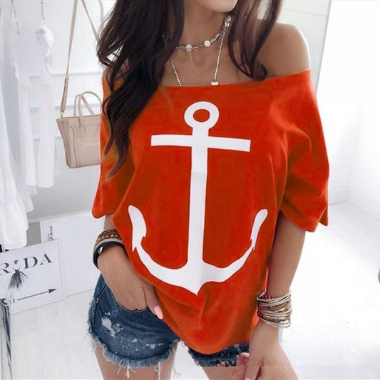 Women's Off-Shoulder Anchor Image Shirt