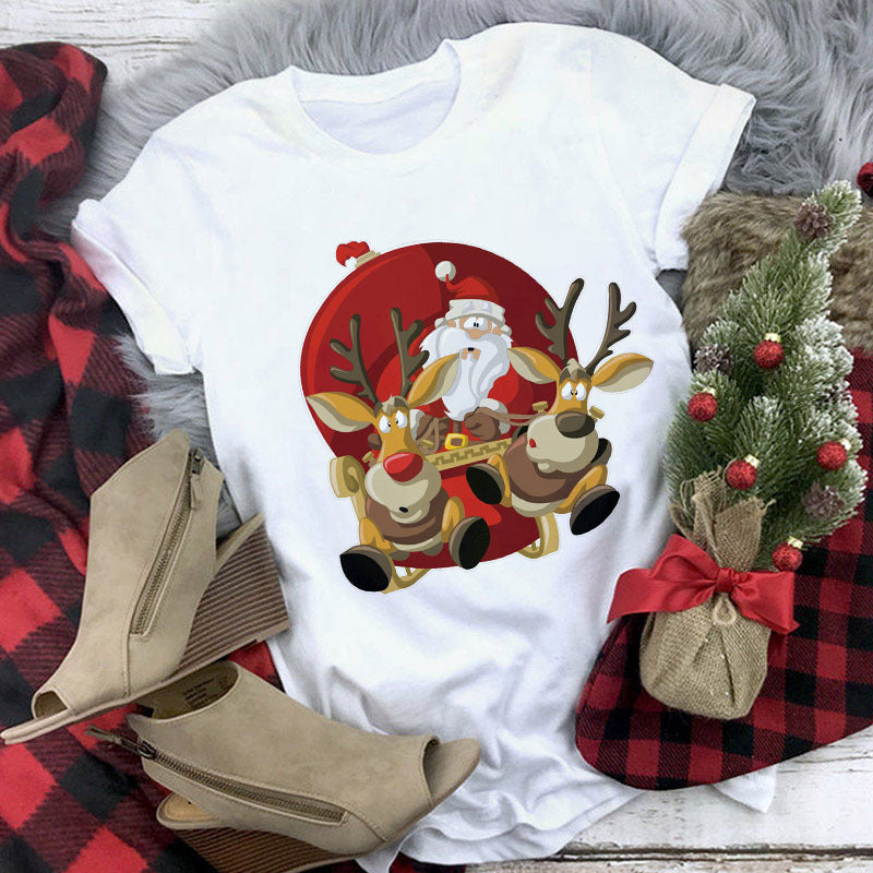 Christmas Lady Short-sleeved T-shirt Cartoon Santa Claus Print Street Casual T-shirt