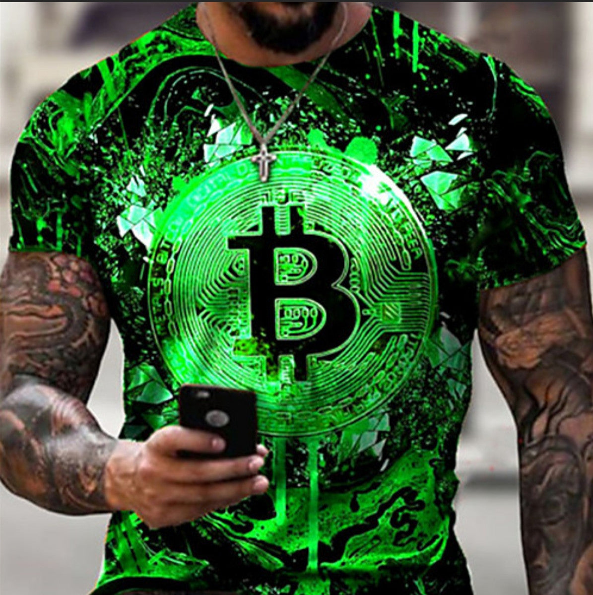 Bitcoin 3D Digital Round Neck Short Sleeve T-Shirt
